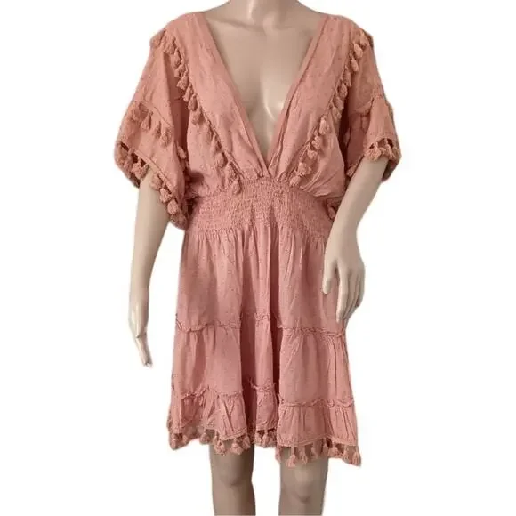 Z&L Europe Blush Pink Plunge Neck Tassel Mini Dress Cover Up Size L - Picture 4 of 12